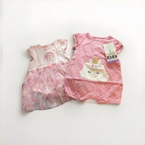 KIDS HEADQUARTERS GIRLS 2 PC DRESS/ROMPER UNICORN/RAINBOW SET (PINK, 3M)